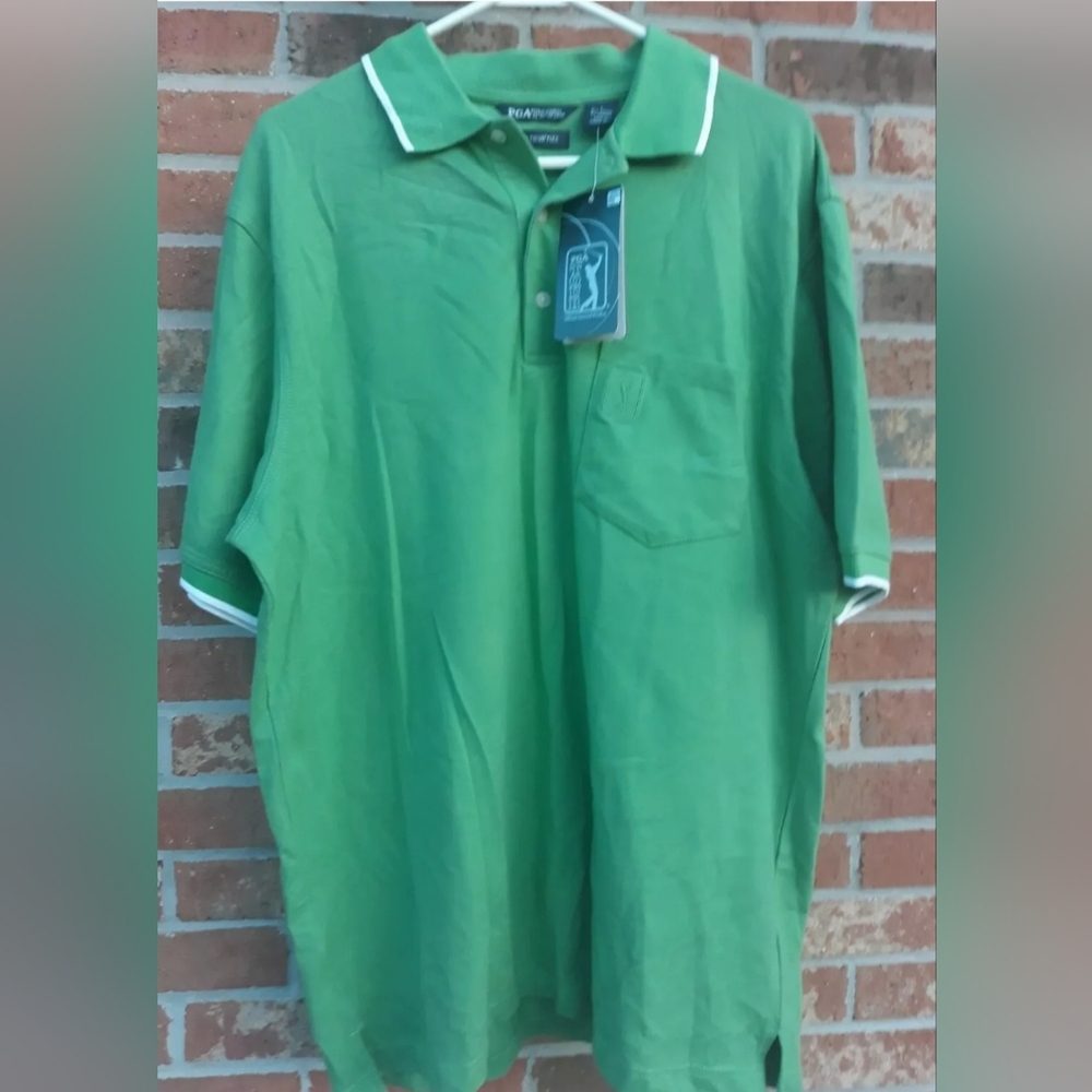 Men's PGA TOUR Short Sleeve Golf Stretch Polo Shirt Green Size Large